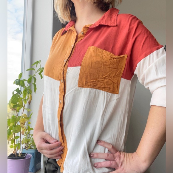 Orange Color-Block Button Up - M - Picture 1 of 7